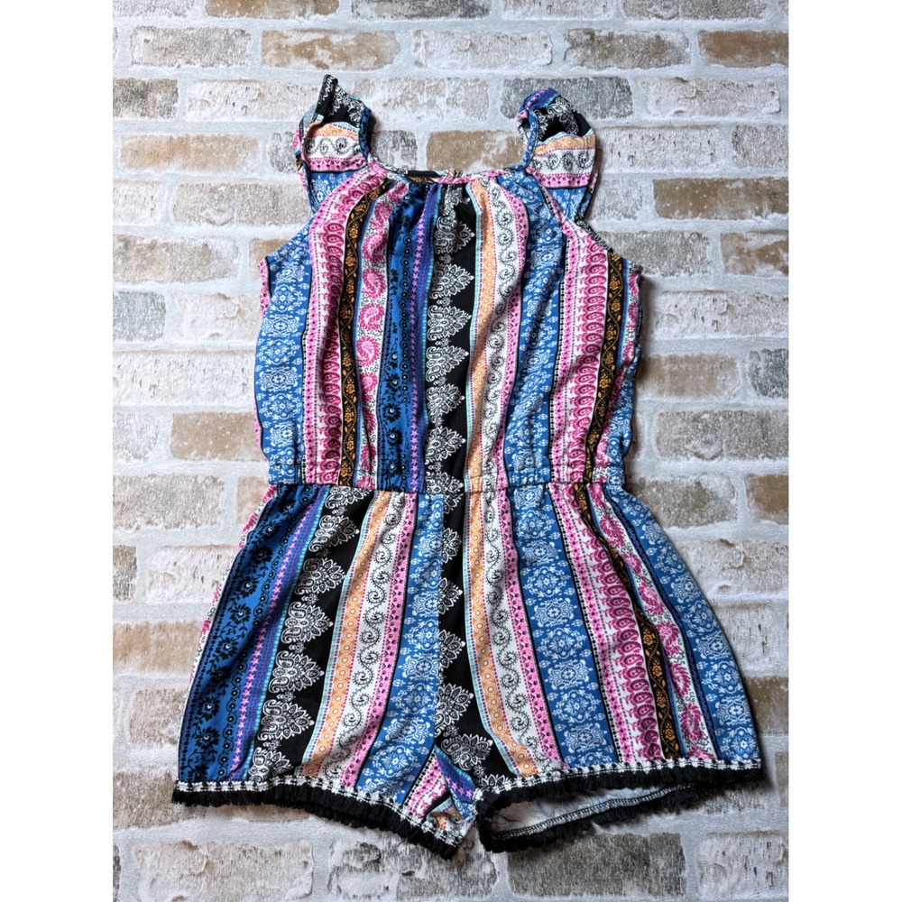 Joey B Girls Paisley Stripe Sleeveless Romper Fringe Trim Blue Pink Large